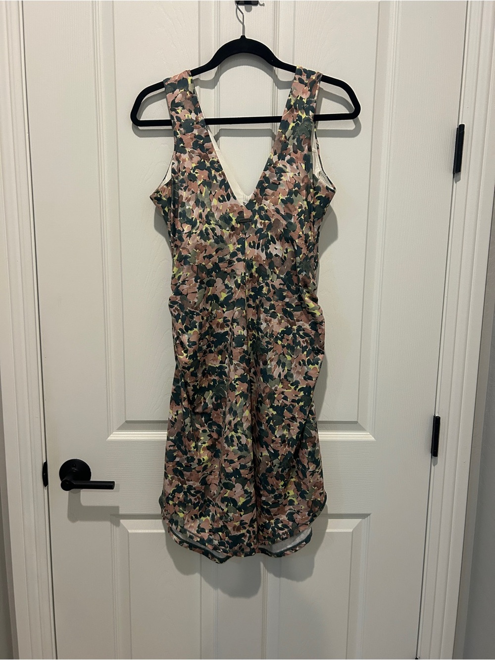PrAna Camouflage Floral V-Neck Mini Dress in Pink, Green and Beige